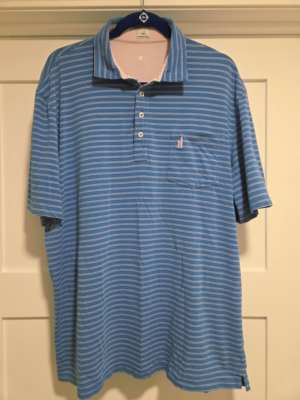 johnnie-O Hangin' Out Striped Pocket Polo Shirt XL Blue Pink Preppy Coastal Golf